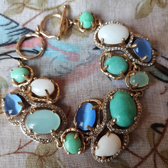 Badgley Mischka Ann Taylor Toggle Clasp Genuine Stones Bracelet Gold Tone Beachy - Picture 1 of 13